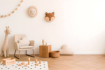 Minimalist Kids Room Interior with Neutral Decor and Blank Wall