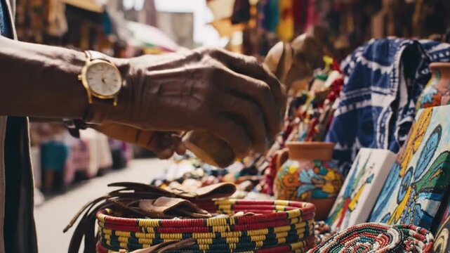 hands browsing handmade souvenirs at a street market