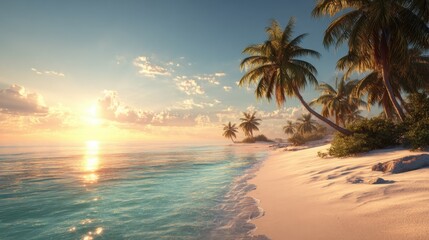 Obraz premium Golden sunlight reflects on the gentle waves of a tranquil sea as palm trees sway along the sandy shore. The sky is painted with warm colors, signaling the end of a beautiful day.