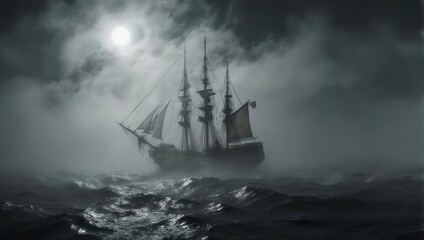 Obraz premium Ship sailing through stormy seas under a cloudy sky.