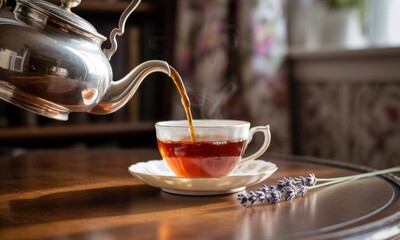 A vintage silver kettle pours steaming dark tea into a small, ornate porcelain cup. Sunlight highlights the warm wooden table. A sprig of lavender rests beside the cup