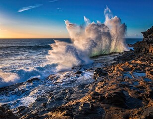 Powerful Ocean Waves Crash Against Rocky Shoreline During Golden Hour Sunset With Dramatic Spray