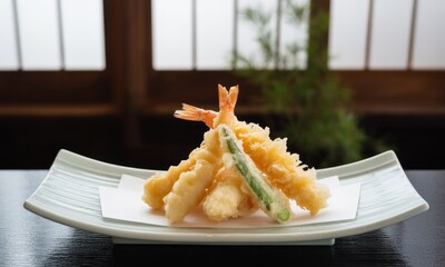 Tempura assortment on a plate. Fresh shrimp, vegetables, and light batter. Japanese restaurant style