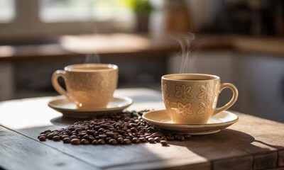 Two beige cups of steaming coffee, on a wooden table, with coffee beans