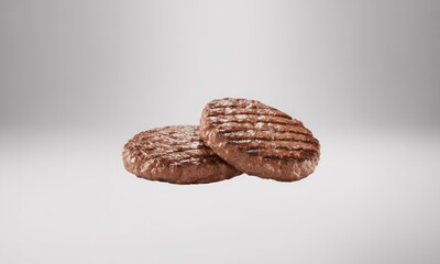 Two cooked beef patties, light brown, grilled marks