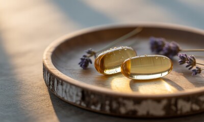 Two golden capsules rest on a light wooden dish, alongside sprigs of lavender. Sunlight casts soft shadows