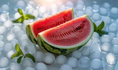Two watermelon slices on a bed of ice with mint leaves