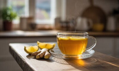 Warm, healthy tea, bright kitchen