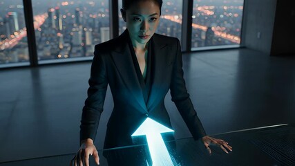 A futuristic upward arrow shows business growth as an East Asian businesswoman analyzes a holographic data chart in a modern high-rise office at night. - Powered by Adobe