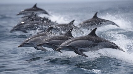 Fototapeta premium A group of dolphins joyfully jumps out of the clear blue sea, creating splashes as they enjoy their playful activity in the warm sunlight.