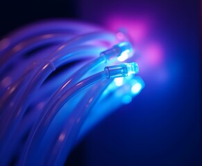 Abstract Macro of Glowing Fiber Optic Cables in Blue and Purple