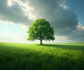 Lone Tree in Vast Green Meadow Under Dramatic Clouds