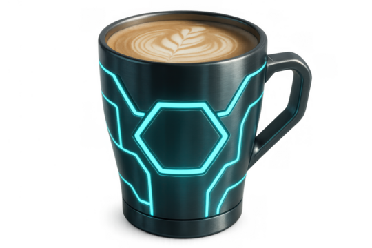 Futuristic metal mug with glowing neon cyber design holding hot latte coffee with art, transparent background - Powered by Adobe