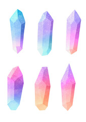 A set of bright hand painted watercolor crystals, blue, pink and purple colors, colorful gems, Beautiful isolated watercolour.  Crystal Gemstone Bundle, wedding decorations, aesthetic