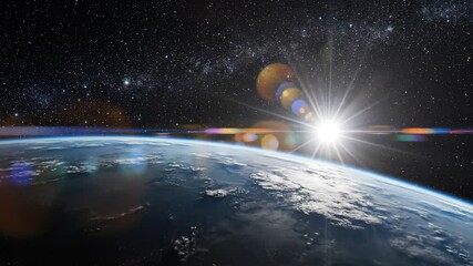 Earth From Space With Bright Sunlight And Stars In The Background