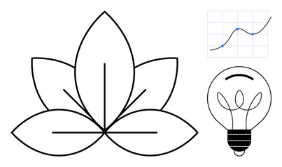 Minimal lotus flower icon, creative light bulb, and growth graph combine nature, creativity, and analytics. Ideal for innovation, sustainability, growth, business wellness creativity education