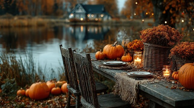 Table set with pumpkins near lake and house in autumn season. - Powered by Adobe