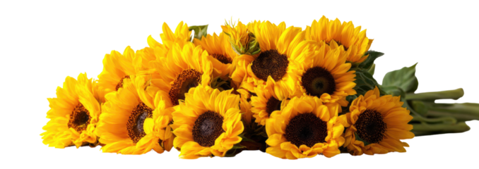 Close-up of a bouquet of sunflowers.  Bright yellow petals, dark centers, and green leaves.  A cluster of blossoms in a horizontal arrangement