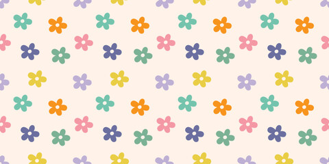 Seamless pattern with colorful abstract daisy flowers on a light background