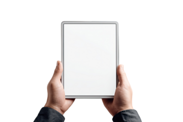 Hands hold a tablet with a blank screen.  A light gray tablet is held horizontally by two hands in front of a black background.  The screen is white and empty