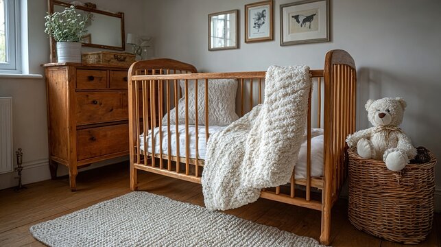 Baby crib and dresser in a nursery room with decorations and teddy bear. - Powered by Adobe