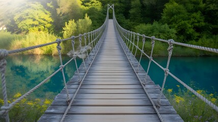 Fototapeta premium Aerial View of Suspension Bridge in Green Forest