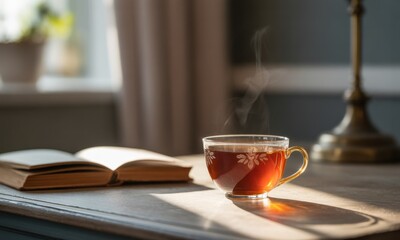 Warm tea, open book, and sunlight on a table