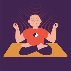 Bald man in lotus position, illustration of male yoga, yoga mat, asana, lotus