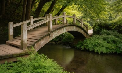 Wooden arch bridge over a serene stream in a lush garden