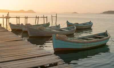 Wooden fishing boats moored at a rustic dock at sunrise