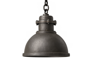 Industrial style pendant light lamp with a distressed metal finish, featuring a hanging chain. Transparent background