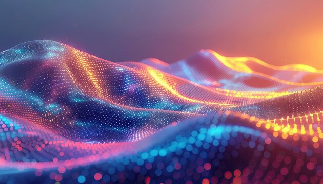 Abstract Digital Landscape With Flowing Glowing Particles In Blue And Orange Hues And Soft Bokeh Effect