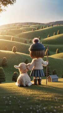 A cowgirl girl with a square haircut, holding a staff in her hands, stands on top of a hill with a tiny lamb and looks at endless green valleys under the sunlight.