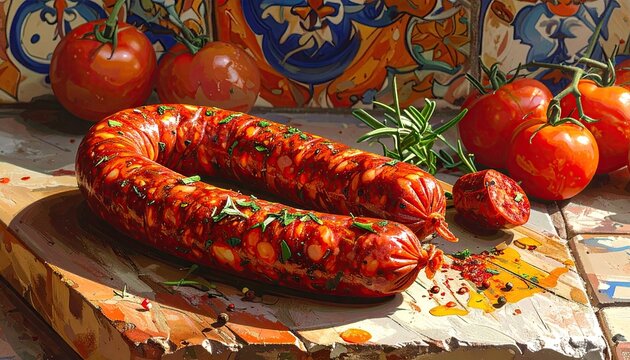 Close Up Chorizo Sausage and Tomatoes with Rosemary on a Wooden Board with Colorful Tile Background