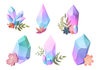 A set of bright hand painted watercolor crystals, blue, pink and purple colors, colorful gems, Beautiful isolated watercolour. Crystal Gemstone Bundle, wedding, floral, flowers decorations