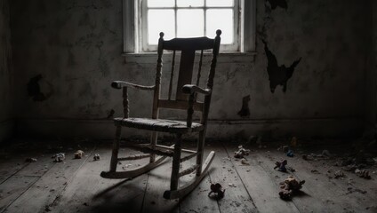 Eerie rocking chair in abandoned room with peeling paint and debris.