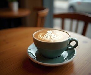 Latte Art in Ceramic Cup on Wooden Café Table