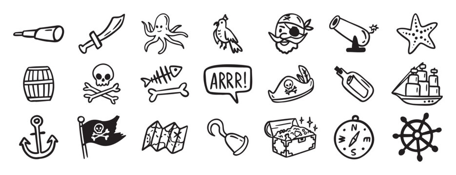 pirate adventure and sea elements. ship, coins, bottle, anchor doodle hand drawn icon set. Outline drawing pirate sea adventure line clipart symbol collection