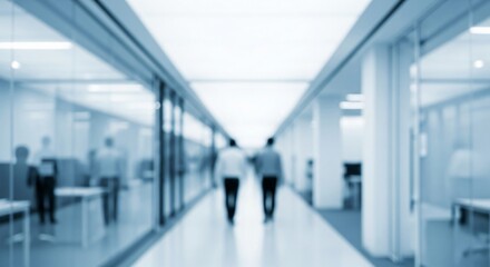 Two business colleagues walking through a brightly lit, modern corporate office hallway, creating an abstract blurred background for business concepts