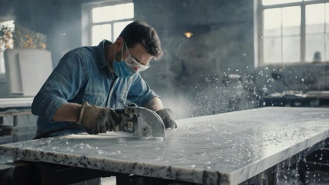 Skilled craftsman meticulously polishes marble countertop with power tool in workshop.