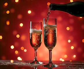 Macro Shot of Sparkling Wine Pouring into Crystal Glasses on a Festive Background