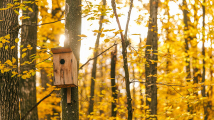 Wooden birdhouse in a sunlit autumn forest with yellow leaves