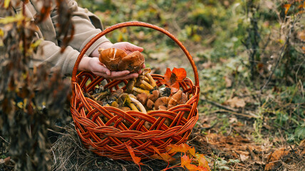 Foraging for wild mushrooms in autumn with a wicker basket full of the harvest