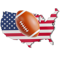 Dynamic 3D illustration of an American football prominently displayed on a stylized map of the United States, adorned with the national flag design, symbolizing sports culture and patriotic spirit