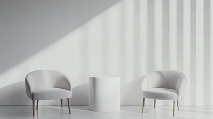 white blank exhibition kiosk or stand booth corporate commercial, or a realistic set of trade show chairs and tables. 3D Render,

