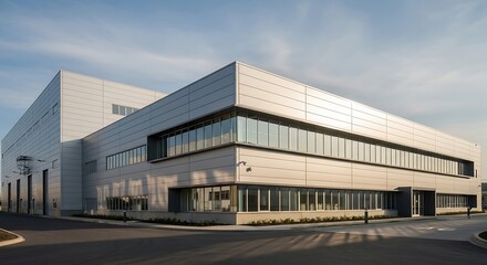 Obraz premium Spacious Commercial Factory Building Facade Under Clear Blue Sky With Paved Road