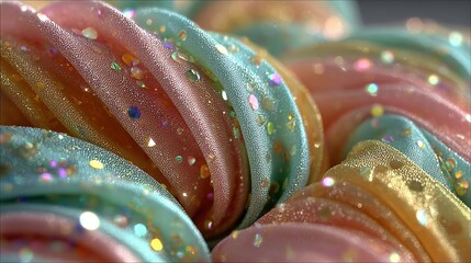 Close up of colorful pastel meringue swirls with glittery specks.