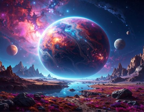 Enchanting alien landscape with colossal planets and vibrant cosmic aurora