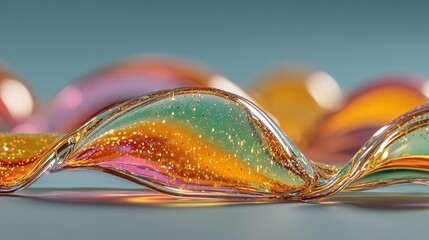 Colorful translucent gel beads arranged in a wavy pattern against a blue background.
