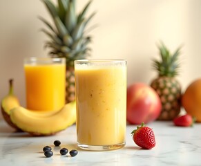 Lifestyle Photo of Fresh Smoothies with Tropical Fruits on a Clean White Counter